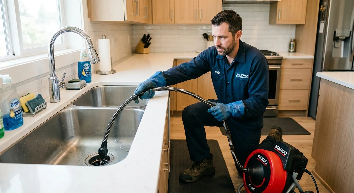 Drain cleaning technician using a motorized snake on a kitchen sink in Freeport