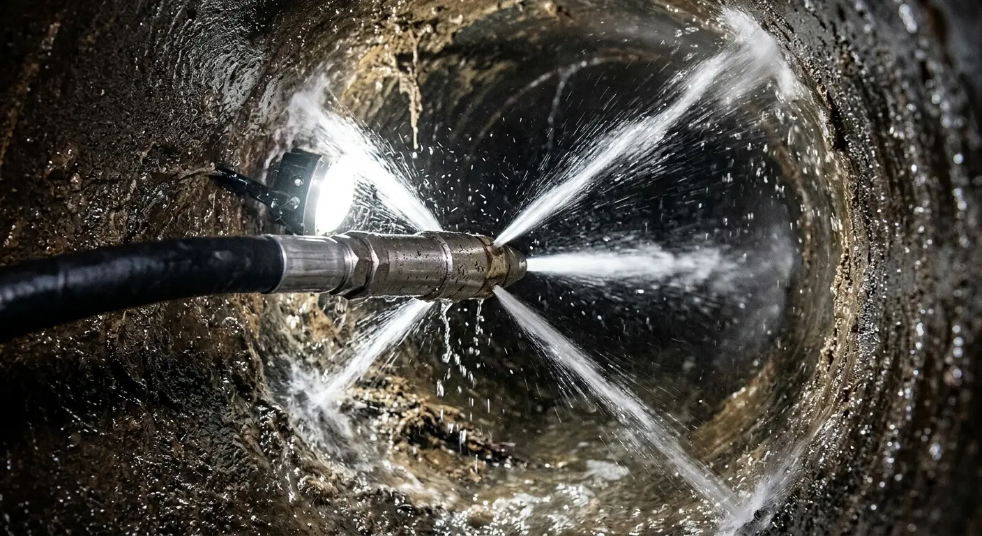 High-pressure hydro jetting nozzle cleaning sewer pipe for Emergency Drain Service in Freeport