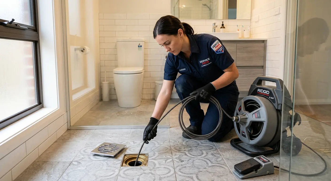 Technician clearing a bathroom floor drain for Drain Repair in Freeport